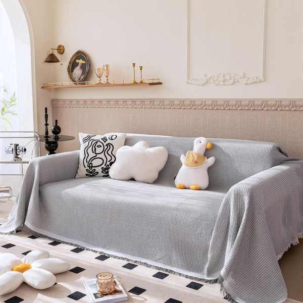 VANJOROY Waffle Large Grey Sofa Throw Blanket With Tassels For