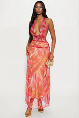 Lilly Floral Cowl Neck Mesh Maxi Dress - Pink/combo