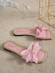 Women's Flat Square Toe Sandals, Bow Decor, Lightweight & Comfortable, Mix-And-Match, Slip-On, Casual Vacation Beach Slippers