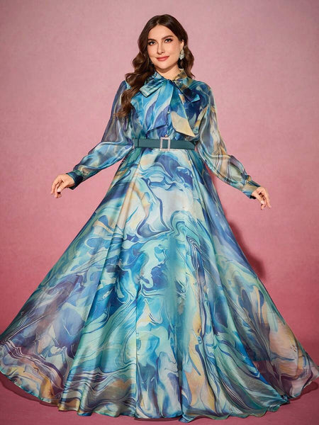 Plus Size Women Long Elegant Dress With Ribbon Collar, Random Wave Print, Rhinestone Belt Decor Spring Vacation