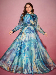 Plus Size Women Long Elegant Dress With Ribbon Collar, Random Wave Print, Rhinestone Belt Decor Spring Vacation