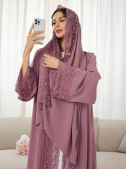 1 Set Hijab + Open Abaya Islamic Mid-Length Dress, Turkish Dubai Abaya Robe With Headscarf, Suitable For Women's Daily Wear Spring