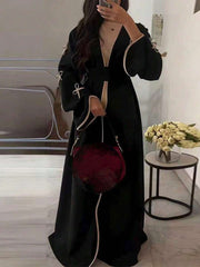 SuofeiMan New Stylish Middle Eastern Minimalist Bow Abaya, Black Solid Color Casual Soft Comfortable Jacket With Belt, Festival Robe, Daily Wear Dress Spring