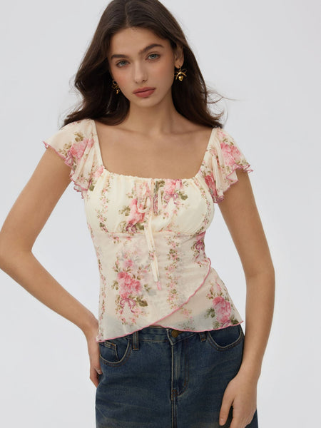 Chiffon Floral Square Neck Twist Knotted Ruffle Sleeve Crop Top