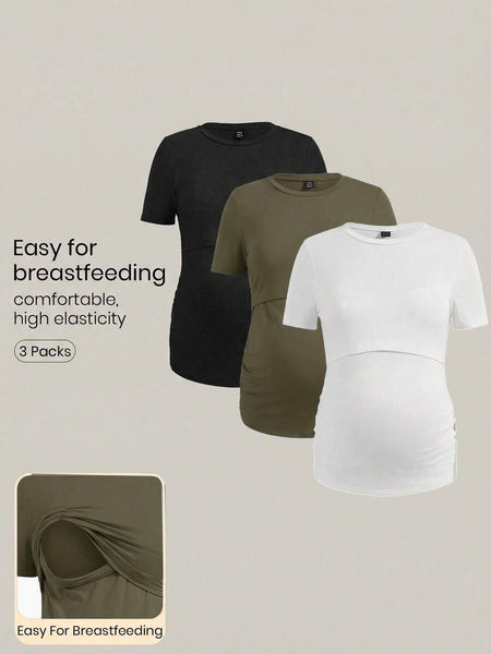 Modmama Women's Solid Color Minimalist Casual Nursing Short Sleeve T-Shirt