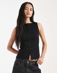 New Look boat neck button through tank top in black