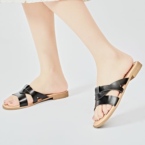 Ataiwee Women's Flat Slide Sandals - Casual Ladies Cross Strap Slip On Walk Summer Slide Sandals.(2307013,BR/MF,10 UK)