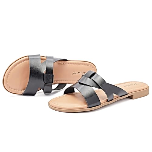 Ataiwee Women's Flat Slide Sandals - Casual Ladies Cross Strap Slip On Walk Summer Slide Sandals.(2307013,BR/MF,10 UK)