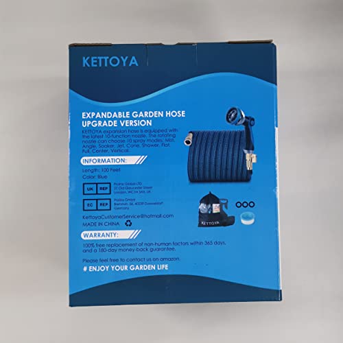 KETTOYA 100FT Expandable Garden Hose, Flexible Water Hose with 10-Pattern Spray Nozzle, Leak-proof Retractable Heavy Duty Hose Pipe, 4-layer Latex Core, Durable 3750D, Brass Alloy Connector, Kink-Free