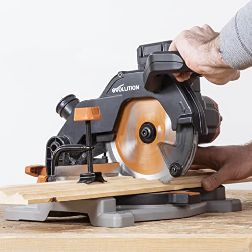 Evolution Power Tools R185CMS-Li Cordless Compound Mitre Saw with Multi-Material Cutting, 45° Bevel, 45° Mitre, 850W - includes 185MM TCT Blade, Battery NOT Included, Black/Orange (088-0001)