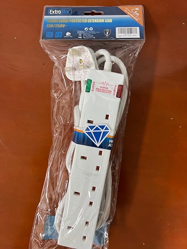 ExtraStar 4 Way Extension Lead with Surge Protection, 13A/250V~ Multi Sockets Power Strips, 3120W Fused UK Plug Wall Mounted Power Socket with 5M Extension Cord-White