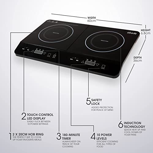 Abode Double Induction Hob Portable Digital Touch Control 2800W – Plug In & Go 10 Heat Settings, Glass Panel, 3 Hour Timer Black - Safety Lock AINDH2002 (Double)