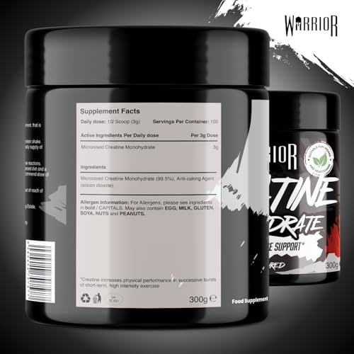 Warrior Creatine Monohydrate Powder 300g (100 Servings) – Pure Micronised Creatine Powder Supplement for Men & Women, Pre & Post Workout Strength, Muscle Growth & Recovery, Vegan – Unflavoured