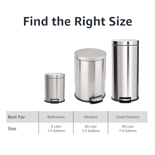 Amazon Basics Round Cylindrical Soft-Close Dustbin, 30 litre/7.9 gallon, Brushed Stainless Steel