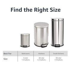 Amazon Basics Round Cylindrical Soft-Close Dustbin, 30 litre/7.9 gallon, Brushed Stainless Steel