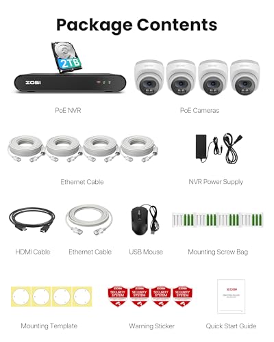 ZOSI 8CH 5MP PoE CCTV Camera System Outdoor Indoor, 2.5K 8 Channel H.265+ PoE NVR Built-in 2TB HDD, 4X 4MP Wired Home Security Cameras, AI Human Detection, 100ft IR Night Vision, Remote Access