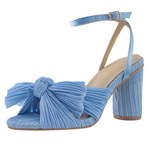 Women's Bow Knot Heeled Sandals Bridal Wedding Open Toe Ankle Strap Chunky Heels for Party Dressing,Blue,39 EU/8 US