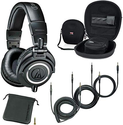 Audio-Technica ATH-M50x Professional Studio Monitor Headphones Black Case Headphones Accessories Bundle