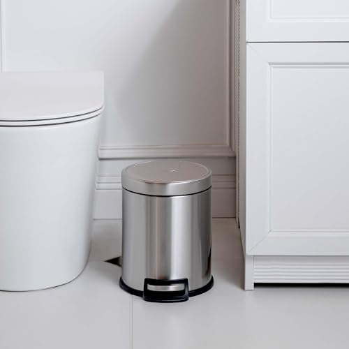 Amazon Basics Round Cylindrical Soft-Close Small Trash Can With Foot Pedal for Bathroom and small space, 5 l, Brushed Stainless Steel