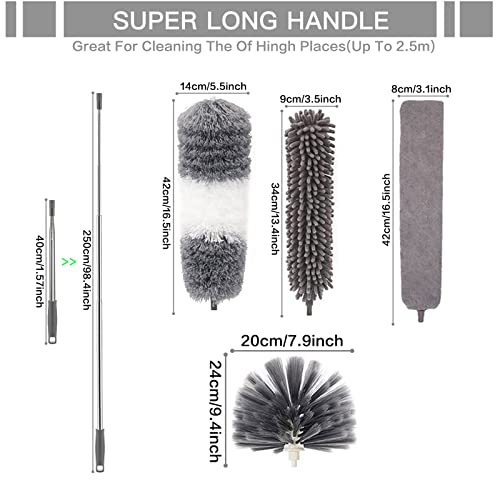 LAP0N0 5PCS Feather Duster kit Extendable,100 inch Telescopic Extension Pole Detachable Bendable and Washable Microfiber Chenille Duster Reusable Gap Crevice Brush for Cleaning Dust Cobwebs On High