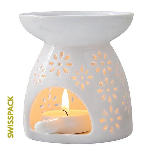 ZEEWIZZ !BIG SIZE! 9.8 x 9.8 x 11.5 cms Wax Melt EssentialOil Burner White -Star Pattern, Ceramic Aroma Burners Assorted Wax Warm Aromatherapy Holder Candle Scented Diffuser Home Bedroom