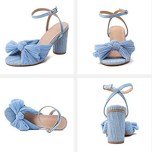 Women's Bow Knot Heeled Sandals Bridal Wedding Open Toe Ankle Strap Chunky Heels for Party Dressing,Blue,39 EU/8 US