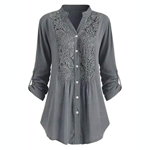 Women Ladies Large Size Button Lace V Neck Long Sleeve Shirt Blous Women's Blouses Promotion Sale Autumn Plus Size Tops Clearance UK Size Gray