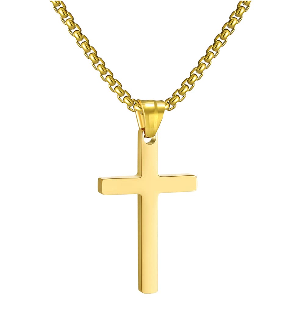 RWQIAN Stainless Steel Cross Necklace for Men gold 50cm Small Cross Pendant Necklace Simple Jewelry Christian cross Chain for Mens