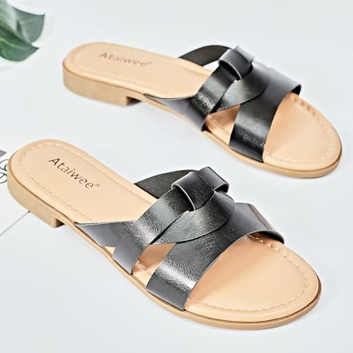 Ataiwee Women's Flat Slide Sandals - Casual Ladies Cross Strap Slip On Walk Summer Slide Sandals.(2307013,BR/MF,10 UK)