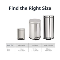 Amazon Basics Round Cylindrical Soft-Close Small Trash Can With Foot Pedal for Bathroom and small space, 5 l, Brushed Stainless Steel
