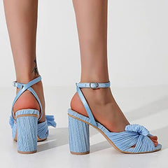 Women's Bow Knot Heeled Sandals Bridal Wedding Open Toe Ankle Strap Chunky Heels for Party Dressing,Blue,39 EU/8 US