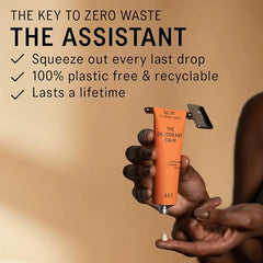AKT, THE ASSISTANT. Tube squeezer key — The key to ZERO WASTE. 100% PLASTIC FREE & RECYCLABLE — Squeeze out every last drop of your NATURAL DEODORANT BALM from AKT LONDON