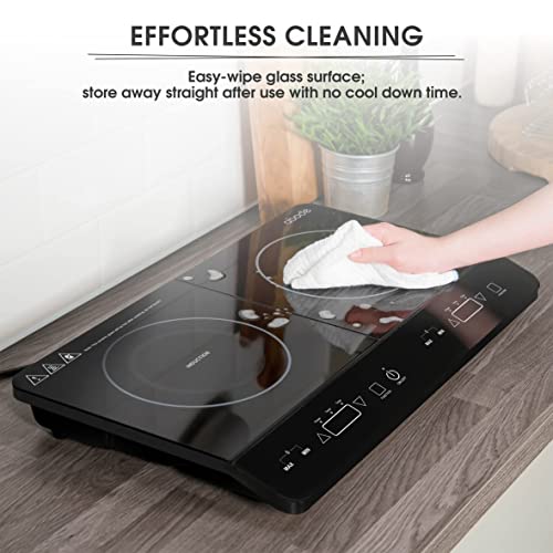 Abode Double Induction Hob Portable Digital Touch Control 2800W – Plug In & Go 10 Heat Settings, Glass Panel, 3 Hour Timer Black - Safety Lock AINDH2002 (Double)