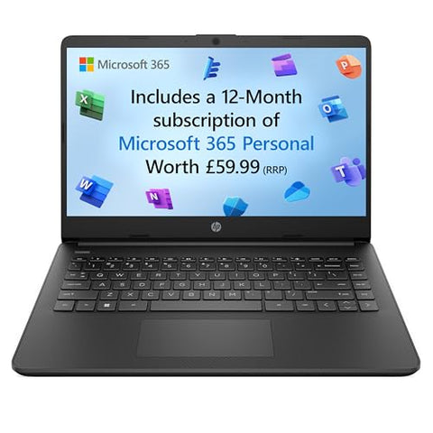 HP 14" Laptop, Intel Pentium Silver N5030 Processor, 4 GB RAM, 128 GB SSD, Intel UHD Graphics, FHD Display, Dual Speakers, Microsoft 365 Personal 12m included, Win 11, Jet Black, 14s-dq0011sa