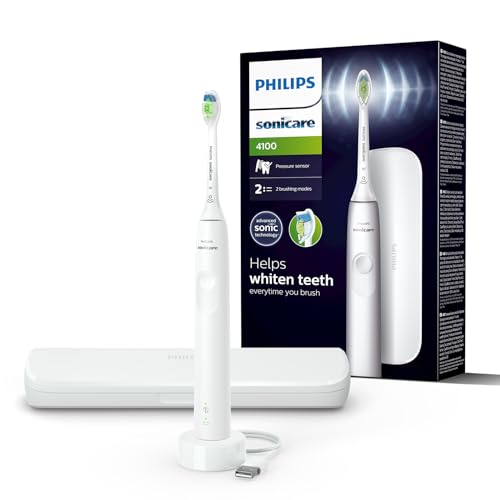 Philips Sonicare 4100 - Philips Sonicare Electric Toothbrush for Adults with 1 x Philips W2 Optimal White Sonic Brush Head in White, Slim Travel Case and USB Charger (Model HX3683/33)