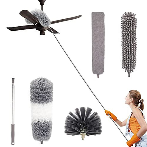 LAP0N0 5PCS Feather Duster kit Extendable,100 inch Telescopic Extension Pole Detachable Bendable and Washable Microfiber Chenille Duster Reusable Gap Crevice Brush for Cleaning Dust Cobwebs On High