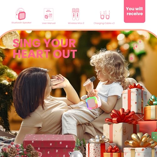 Ankuka Karaoke Machine for Kids Adults, Mini Portable Bluetooth Speaker with 2 Wireless Microphone, Kids Toys Birthday Gifts for Girls Ages 4, 5, 6, 7, 8, 9, 10, 12 +Year Old Family Home Party(Pink)