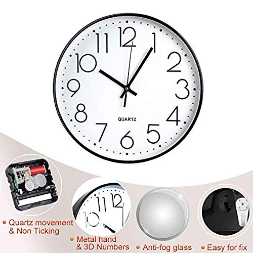 TOHOOYO Wall Clock 12 Inch Non-ticking Silent Quartz Decorative Clocks with Stereoscopic Dial Ultra-Quiet Movement Quartz for Office Classroom Home Living Room Bedroom Kitchen (Black)