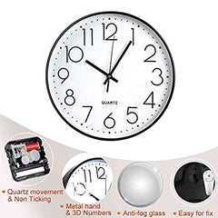 TOHOOYO Wall Clock 12 Inch Non-ticking Silent Quartz Decorative Clocks with Stereoscopic Dial Ultra-Quiet Movement Quartz for Office Classroom Home Living Room Bedroom Kitchen (Black)