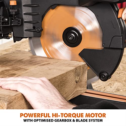 Evolution Power Tools R255SMS-DB+ Double Bevel Sliding Mitre Saw, Multi-Material Cuts Metal, Wood, Plastic & More - with Plus Pack includes Clamps, Dust Bag & Blades, 255mm (230V)