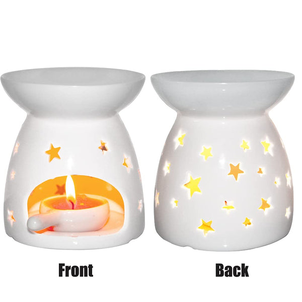 Wax Melt Essential Oil Burner White - Star Pattern, Ceramic Aroma Burners Assorted Wax Warmer Aromatherapy Tarts Holder Candle Scented Diffuser Home Bedroom Decor Christmas Housewarming Gift