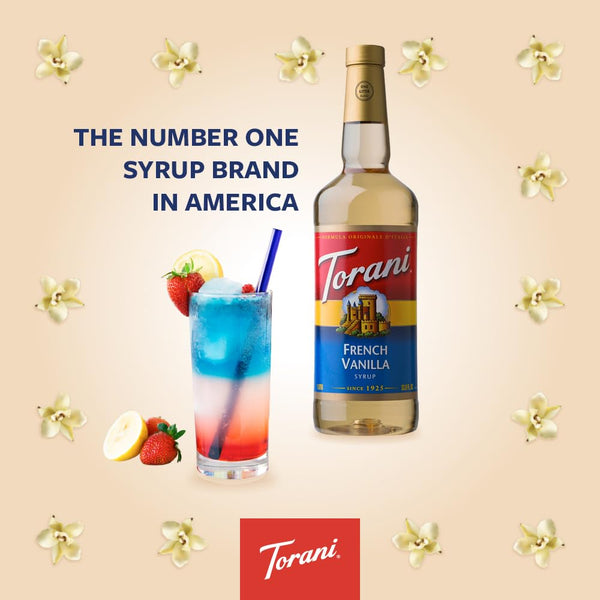 Torani French Vanilla Coffee Syrup (750ml) – Premium Cane Sugar French Vanilla Syrup for Coffee, Lattes, Hot Chocolate & Protein Shakes – Rich, Creamy & Delicious – Ideal for Drinks and Desserts
