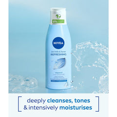 NIVEA 2-in-1 Refreshing Milk & Toner (200ml), Face Cleanser with Vitamin E and Hydramine, Deeply Cleanses, Tones, and Intensively Moisturises Skin, Make-Up Remover