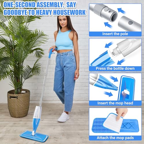 Microfibre Spray Wet Mops with 4x Washable Mop Pads - EXEGO Dust Dry Mop for Hard Floors Wood Floor Mop with Spray Flat Mop for Tile Vinyl Laminate Wood Ceramic Hardwood Floors Cleaning