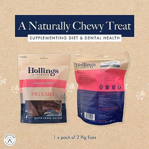 Hollings Pig Ears Dog Treats, 100% Natural Air Dried Long Lasting Chews for Adult Dogs, Grain Free & High in Protein (Pack of 2)