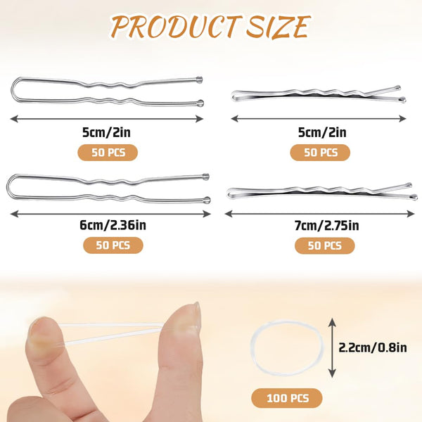 Aucuu 300 Pcs Bobby Pins Kit, Hair Pins for Women, Hair Grips, 100 Silver Waved Hair Pins (50pcs L+50pcs S), 100 Silver U Shaped H-air P-ins, 100 White Elastic Bands with Storage Box