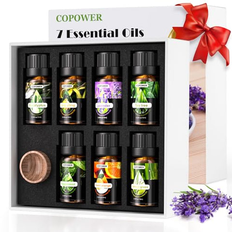 Essential Oils for Diffusers for Home, COPOWER 7x10mL Diffuser Oils Fragrance with Diffuser Wood, [Aroma Secrets] 100% Pure Aromatherapy Oil, Lavender, Lemon Grass, Tea Tree, Sweet Orange,Peppermint