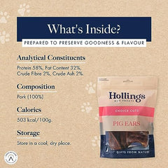 Hollings Pig Ears Dog Treats, 100% Natural Air Dried Long Lasting Chews for Adult Dogs, Grain Free & High in Protein (Pack of 2)