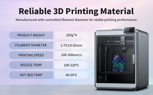 EONO Silk Rainbow PLA Filament 1.75mm, 1kg (4 x 250g), 3D Printer