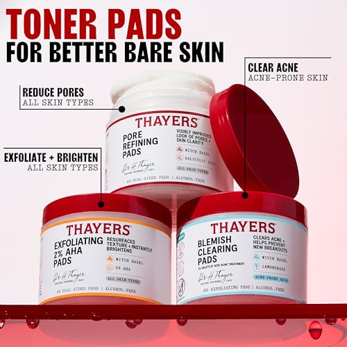 Thayers Blemish Clearing Acne Pads, Salicylic Acid Acne Treatment for Face, Pore Reducing, Exfoliating, and Soothing Skincare, Witch Hazel Toner Pads, 60 Ct